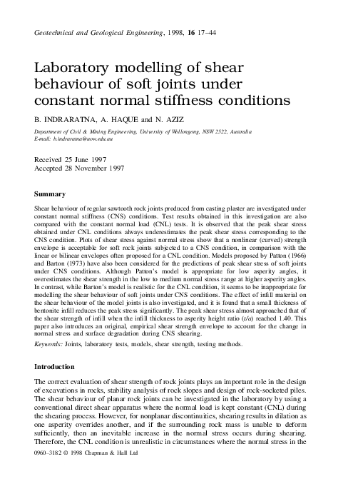 (PDF) Laboratory modelling of shear behaviour of soft joints under ...