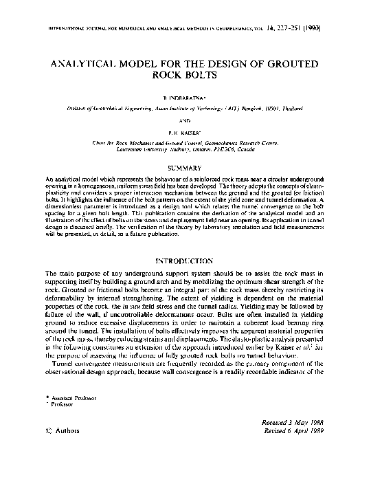(PDF) Analytical model for the design of grouted rock bolts