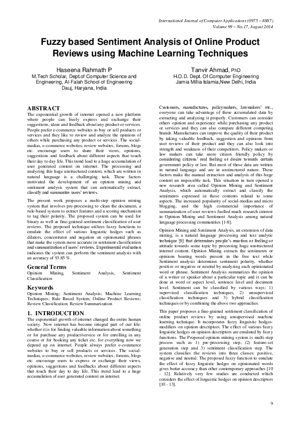 (PDF) Fuzzy based Sentiment Analysis of Online Product Reviews using ...