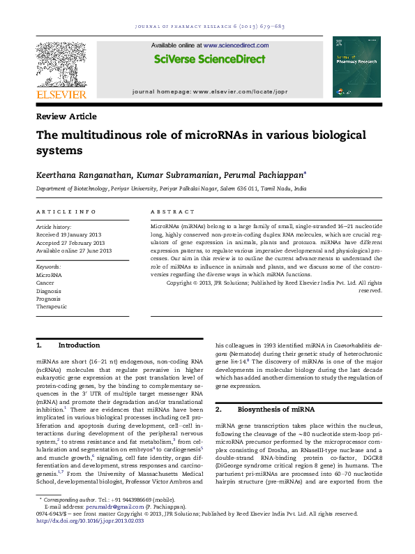 (PDF) The multitudinous role of microRNAs in various biological systems