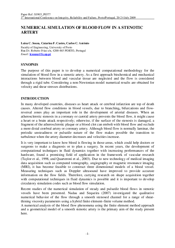 (PDF) Numerical simulation of blood flow in a stenotic artery