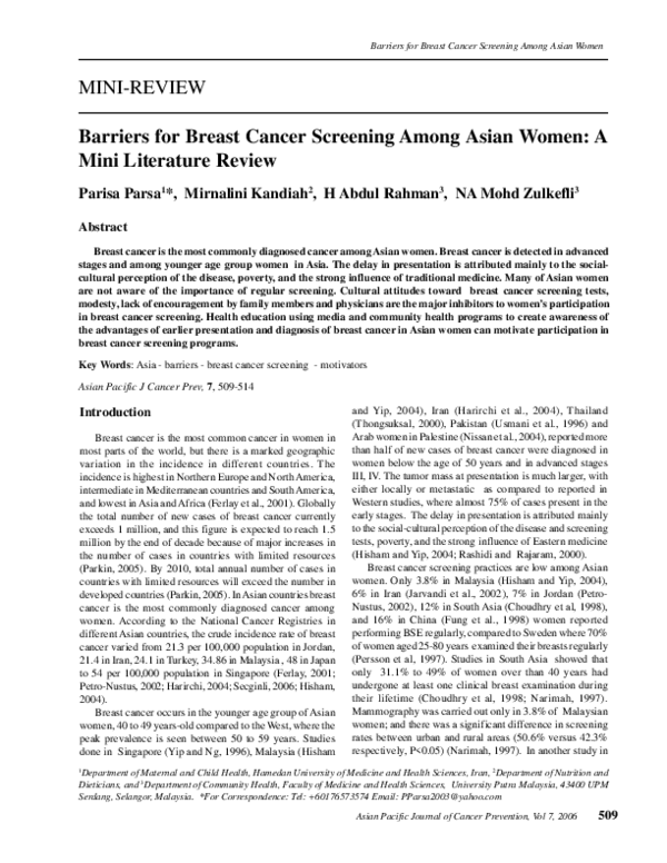 (PDF) Barriers for breast cancer screening among Asian women: a mini ...