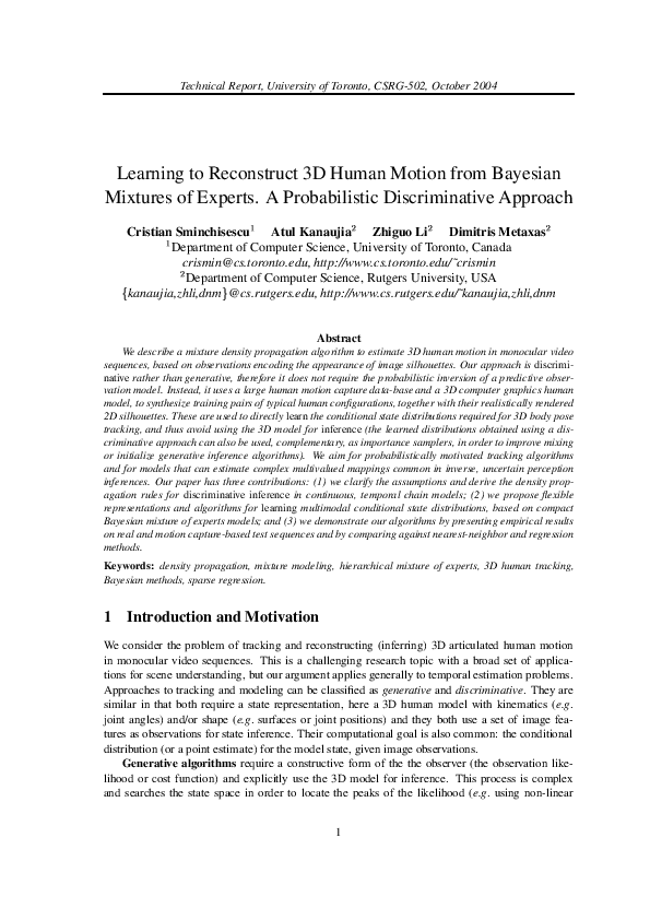 (PDF) Learning to reconstruct 3D human motion from Bayesian mixtures of ...