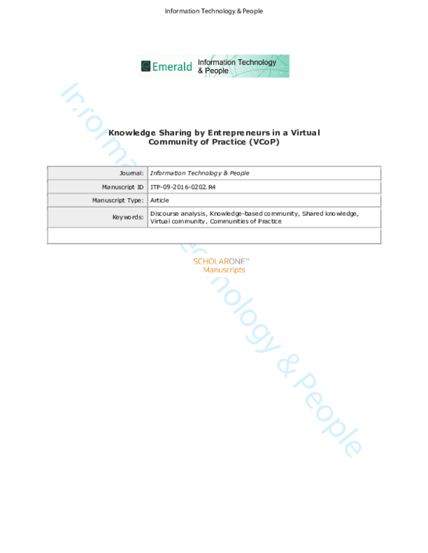 (PDF) Knowledge sharing by entrepreneurs in a virtual community of ...