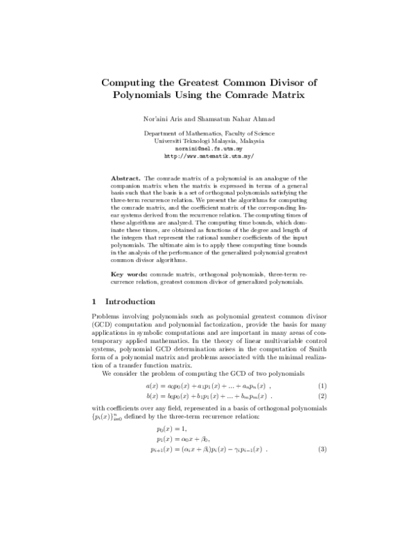 (PDF) Computing the Greatest Common Divisor of Polynomials Using the ...