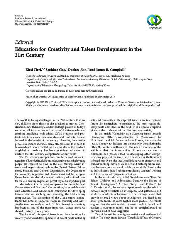 (PDF) Education for Creativity and Talent Development in the 21st Century