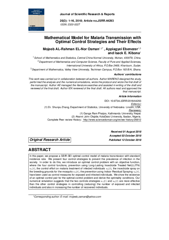 (PDF) Mathematical Model for Malaria Transmission with Optimal Control ...