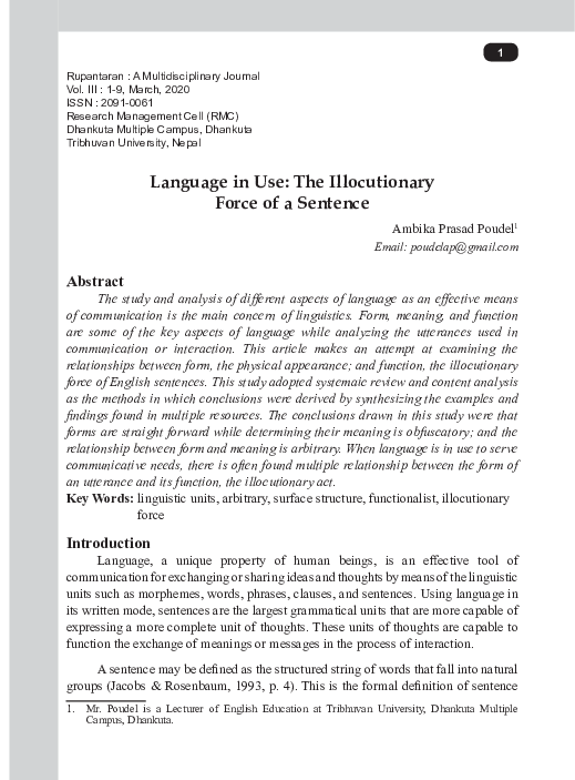 (PDF) Language in Use: The Illocutionary Force of a Sentence