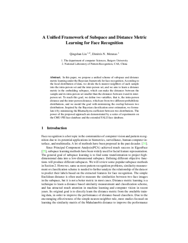 (PDF) A unified framework of subspace and distance metric learning for ...