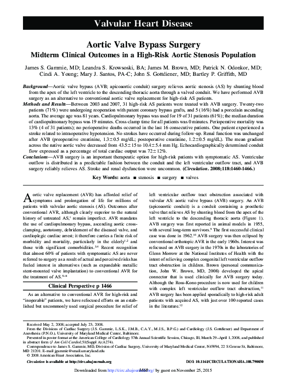 (PDF) Aortic valve bypass surgery: midterm clinical outcomes in a high ...