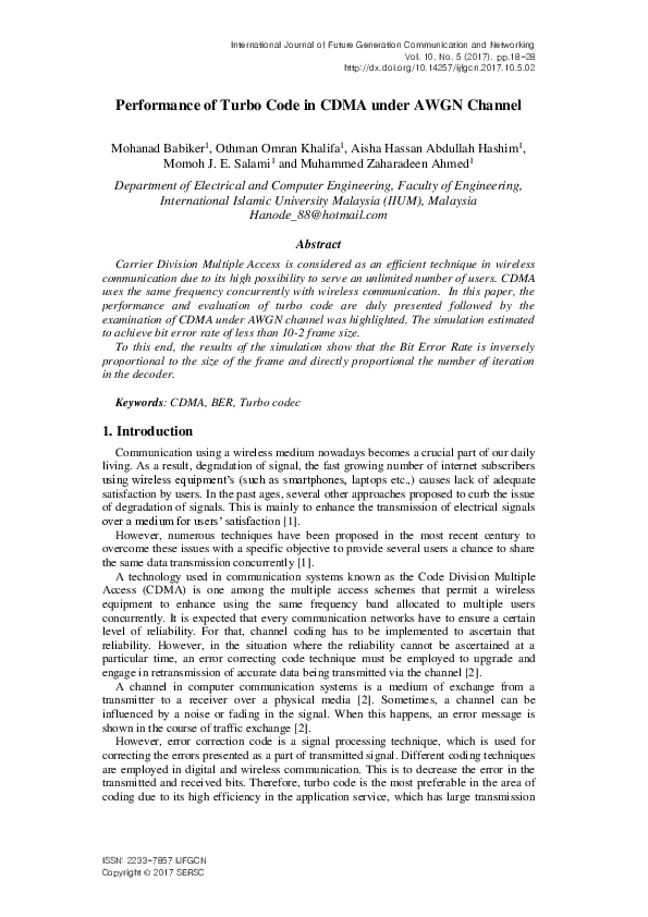 (PDF) Performance of Turbo Code in CDMA under AWGN Channel