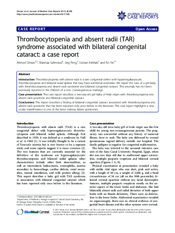 (PDF) Thrombocytopenia absent radii syndrome in a twenty five day old ...