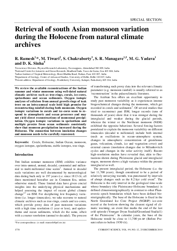 (PDF) SPECIAL SECTION: Retrieval of south Asian monsoon variation ...