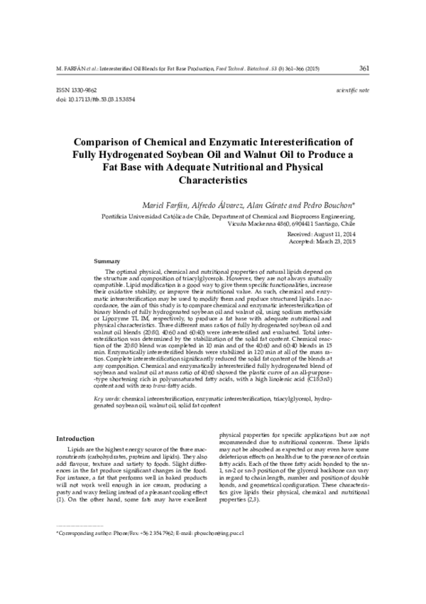 (PDF) Comparison of Chemical and Enzymatic Interesterification of Fully ...