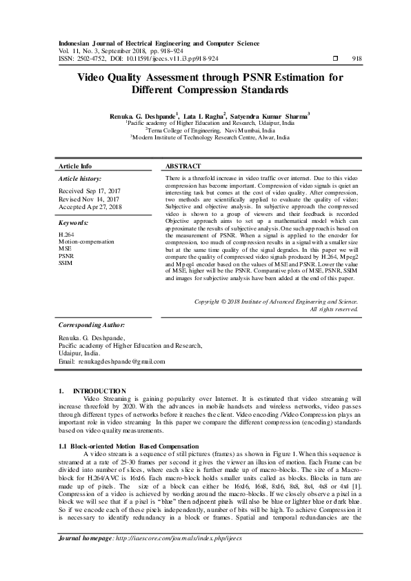 (PDF) Video Quality Assessment through PSNR Estimation for Different ...