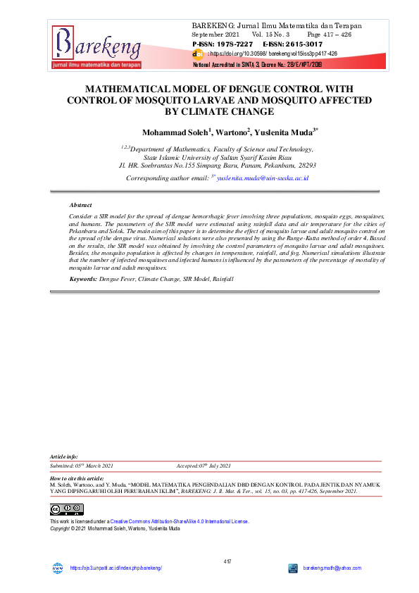 (PDF) Mathematical Model of Dengue Control with Control of Mosquito ...