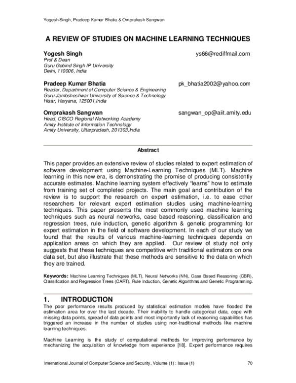 (PDF) A review of studies on machine learning Techniques