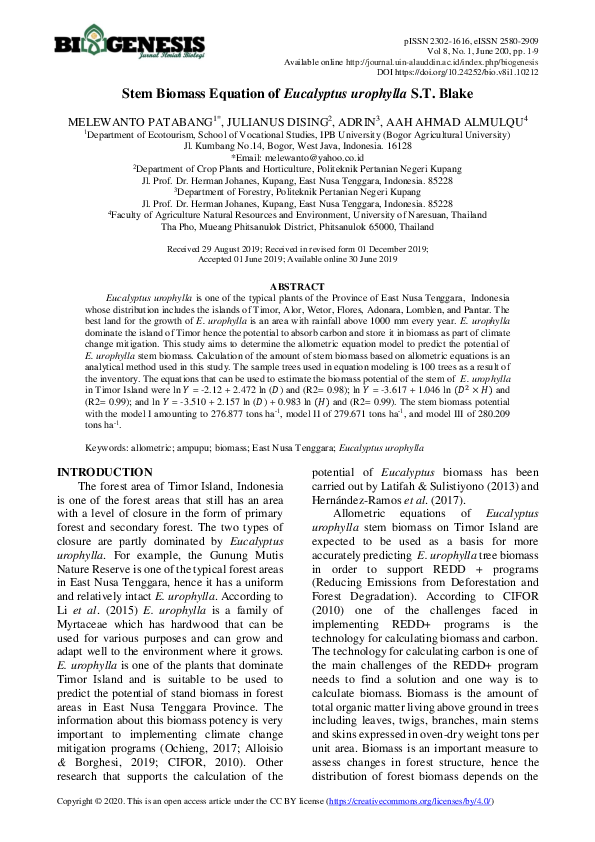 (PDF) Stem Biomass Equation of Eucalyptus urophylla S.T. Blake