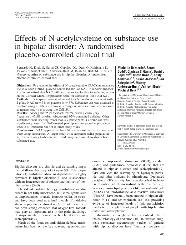 (PDF) Effects of N -acetylcysteine on substance use in bipolar disorder ...