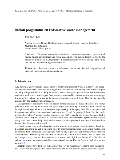 (PDF) Indian programme on radioactive waste management PIARAY WATTAL