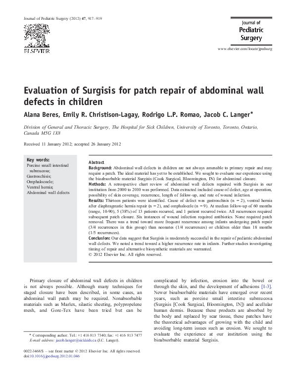 (PDF) Evaluation of Surgisis for patch repair of abdominal wall defects ...