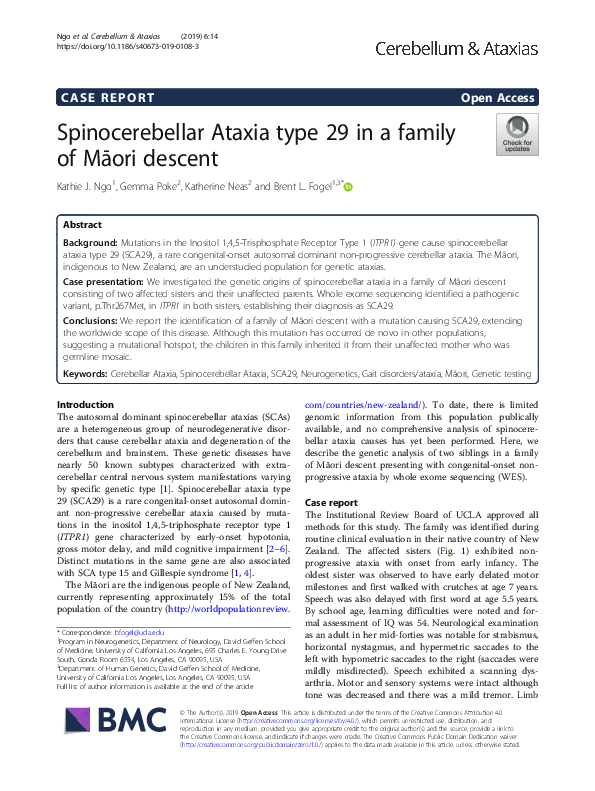 (PDF) Spinocerebellar Ataxia type 29 in a family of Māori descent