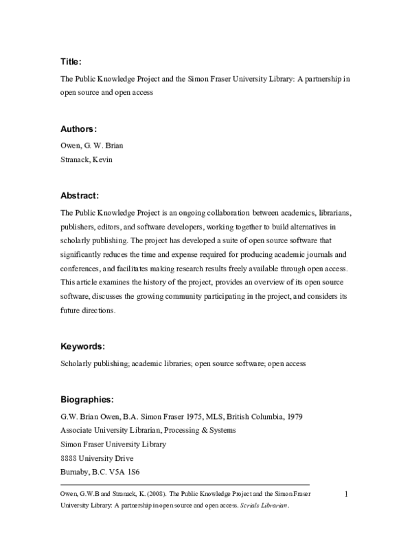 (PDF) The Public Knowledge Project and the Simon Fraser University ...