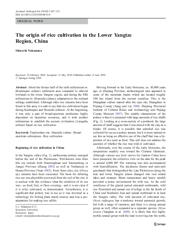 (PDF) The origin of rice cultivation in the Lower Yangtze Region, China