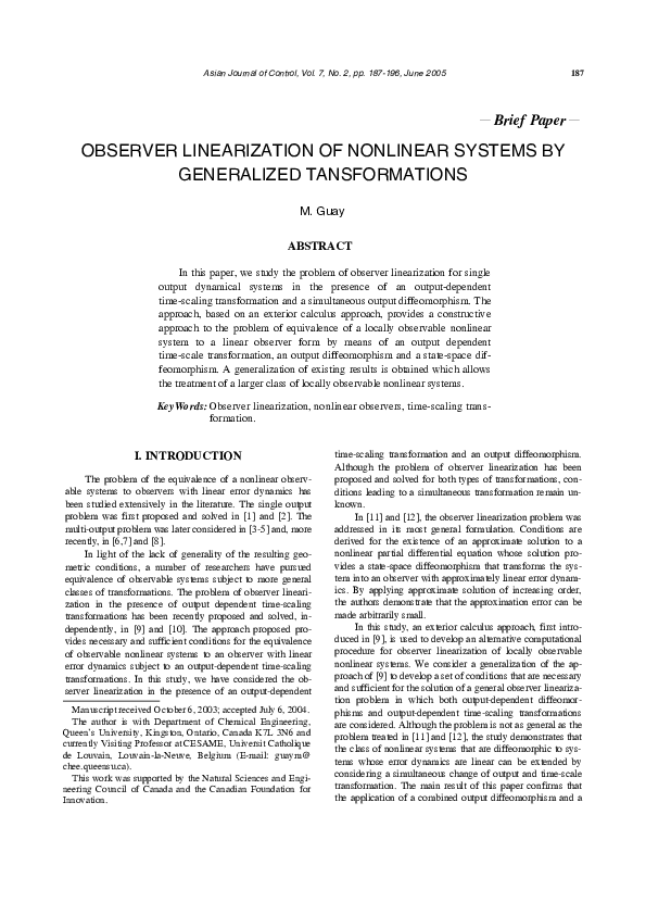 (PDF) Observer Linearization of Nonlinear Systems by Generalized ...