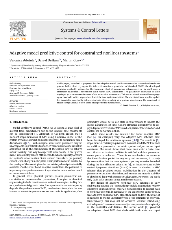 (PDF) Adaptive model predictive control for constrained nonlinear systems