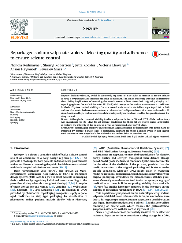 (PDF) Repackaged sodium valproate tablets – Meeting quality and ...