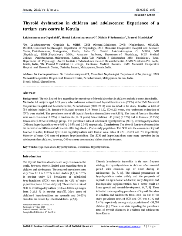 (PDF) Thyroid dysfunction in children and adolescence: Experience of a ...
