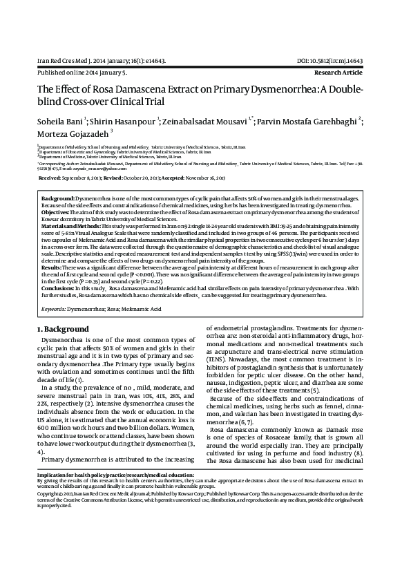 (PDF) The Effect of Rosa Damascena Extract on Primary Dysmenorrhea: A ...