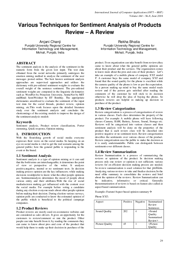(PDF) Various Techniques for Sentiment Analysis of Products Review – A ...