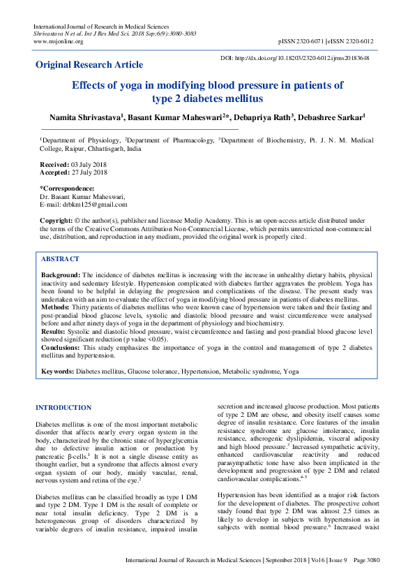 (PDF) Effects of yoga in modifying blood pressure in patients of type 2 ...