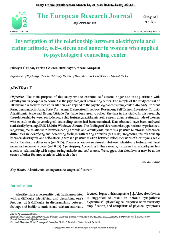 (PDF) Investigation of the relationship between alexithymia and eating ...