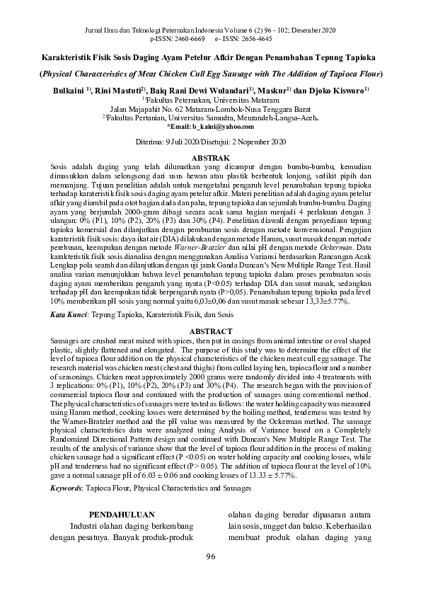 (PDF) Physical Characteristics of Meat Chicken Cull Egg Sausage With