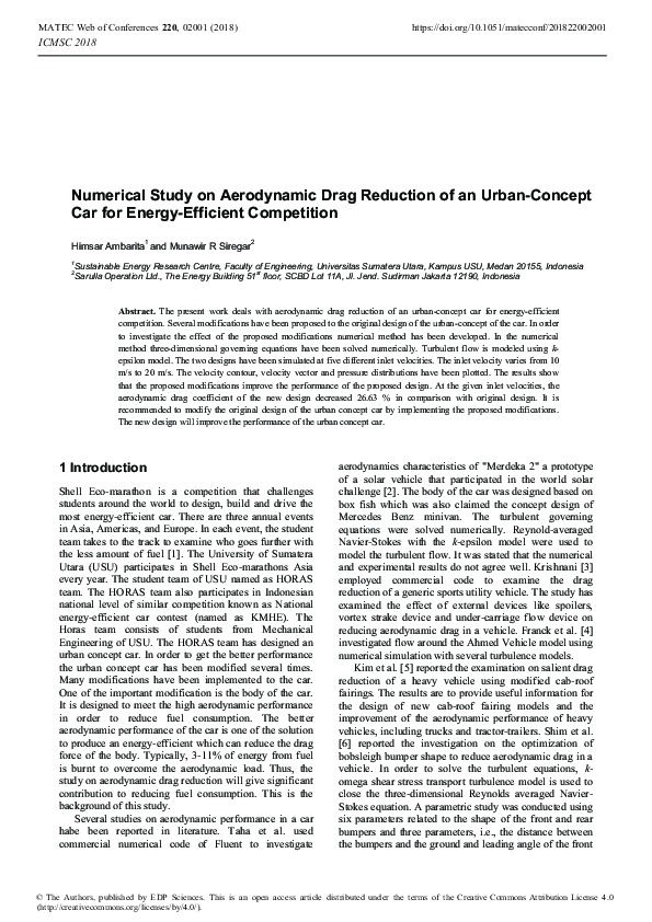 (PDF) Numerical Study on Aerodynamic Drag Reduction of an Urban-Concept ...