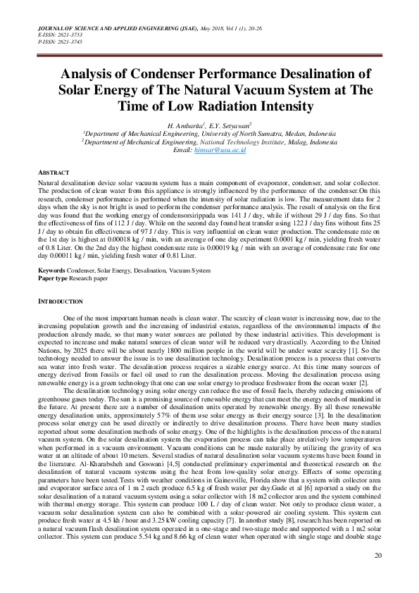 (PDF) Analysis of Condenser Performance Desalination of Solar Energy of ...