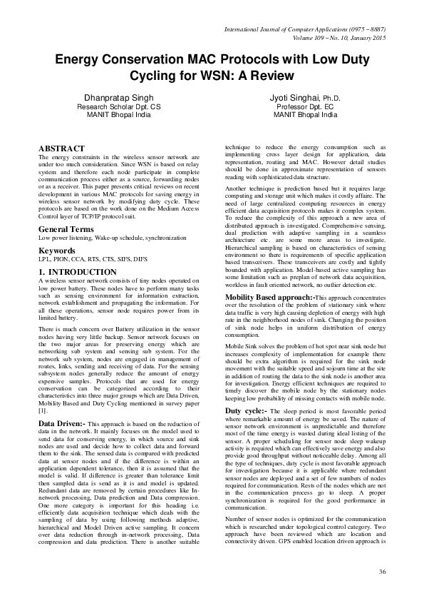 (PDF) Energy Conservation MAC Protocols with Low Duty Cycling for WSN ...