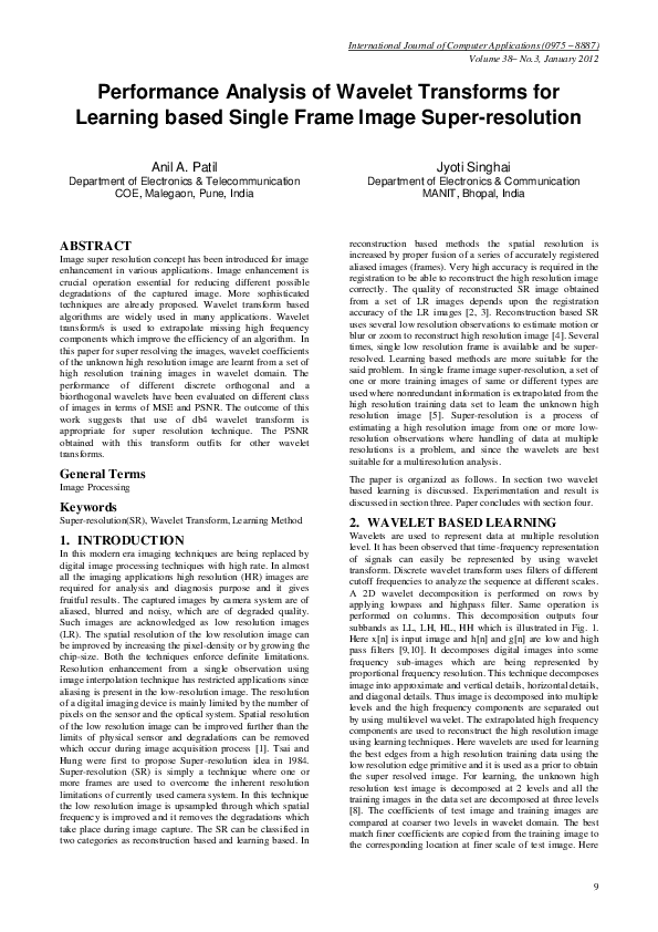 (PDF) Performance Analysis of Wavelet Transforms for Learning based ...
