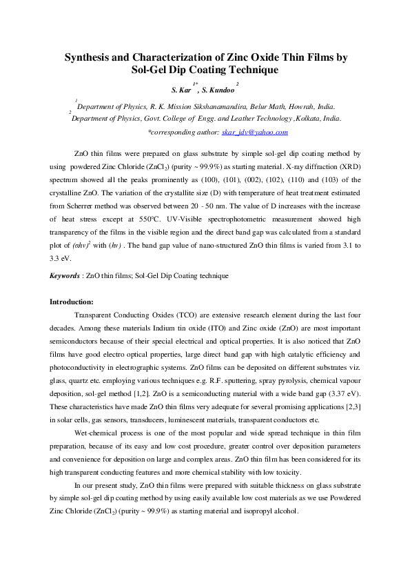 (PDF) Synthesis and Properties of ZnO/Al Thin Films Prepared by Dip