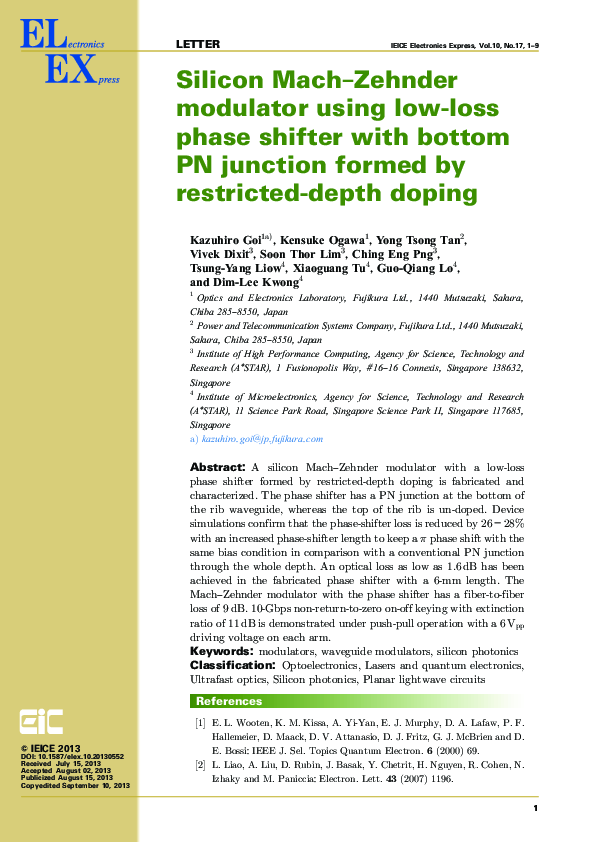(PDF) Silicon Mach-Zehnder modulator using low-loss phase shifter with ...