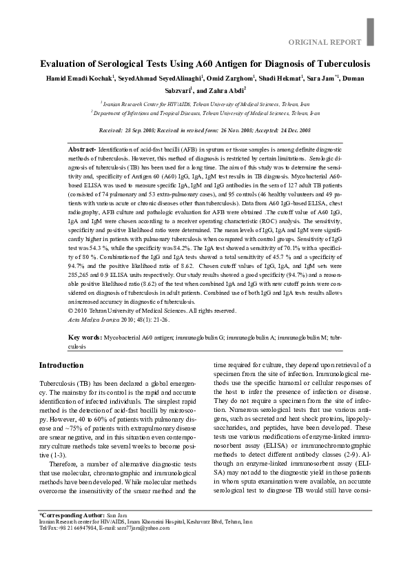 (PDF) Evaluation of serological tests using A60 antigen for diagnosis ...