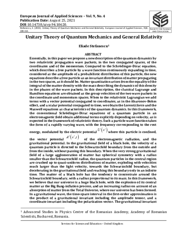 (PDF) Unitary Theory of Quantum Mechanics and General Relativity