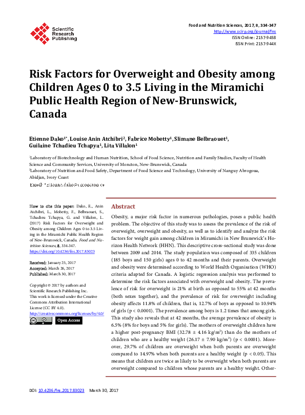 (PDF) Risk Factors for Overweight and Obesity among Children Ages 0 to ...