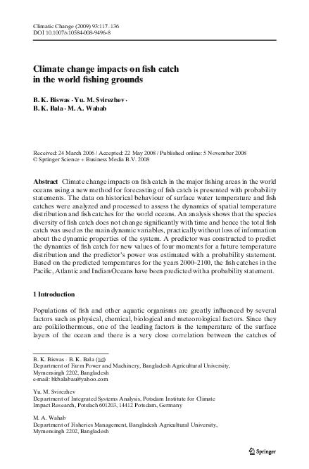 (PDF) Climate change impacts on fish catch in the world fishing grounds