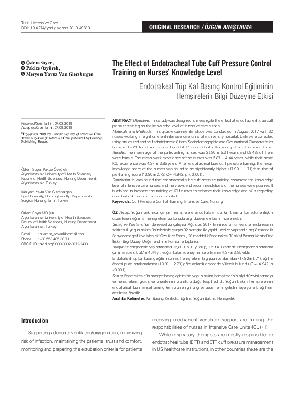 (PDF) Effects of Endotracheal Tube Cuff Pressure Control Training on ...