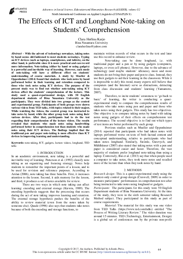 The Effects of ICT and Longhand Note-taking on Students' Comprehension