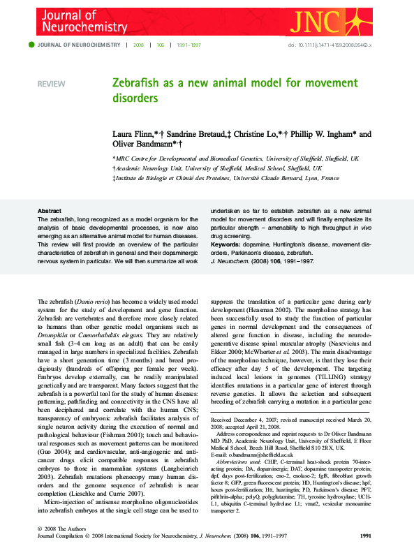 (PDF) Zebrafish as a new animal model for movement disorders